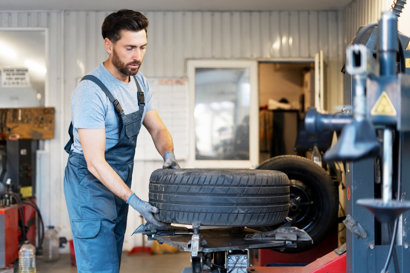 Mechanic mounting a tire on a tire changer machine for seasonal tire change