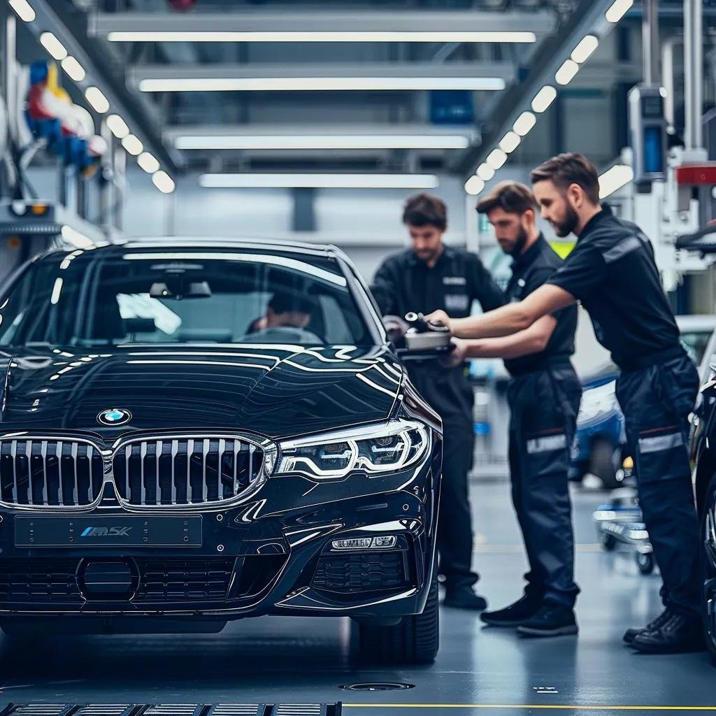 BMW vehicle being serviced at an authorized repair center with technicians and genuine parts