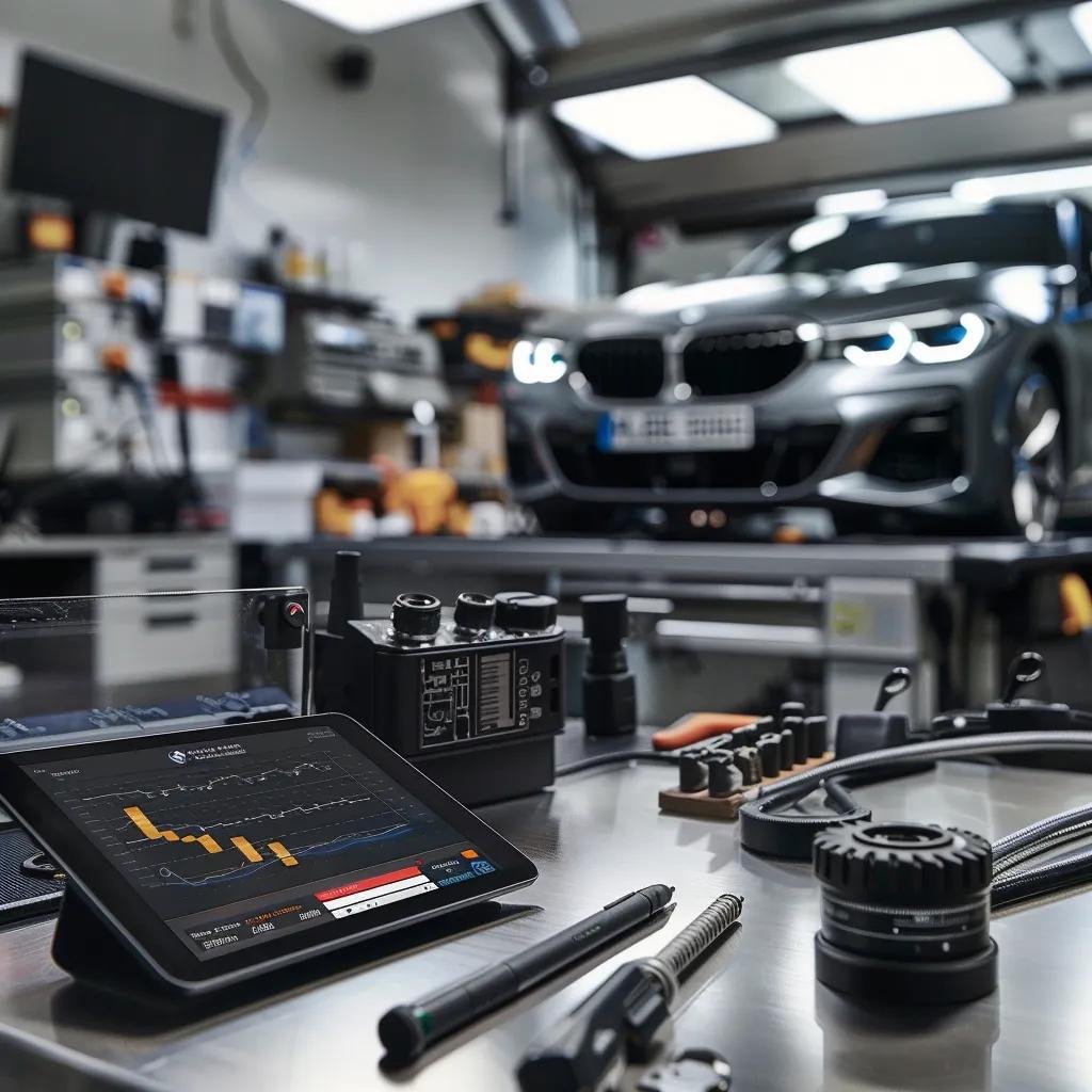 Advanced diagnostic tools including a tablet, OBD-II interfaces, and thermal imaging cameras in an expert service center