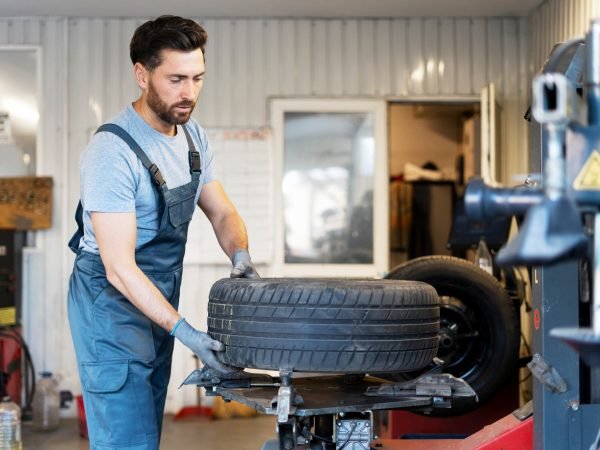 Mechanic mounting a tire on a tire changer machine for seasonal tire change Mechanic mounting a tire on a tire changer machine for seasonal tire change